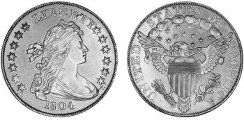 Stříbrný dolar 1804, jedna z nejcennějších amerických mincí.